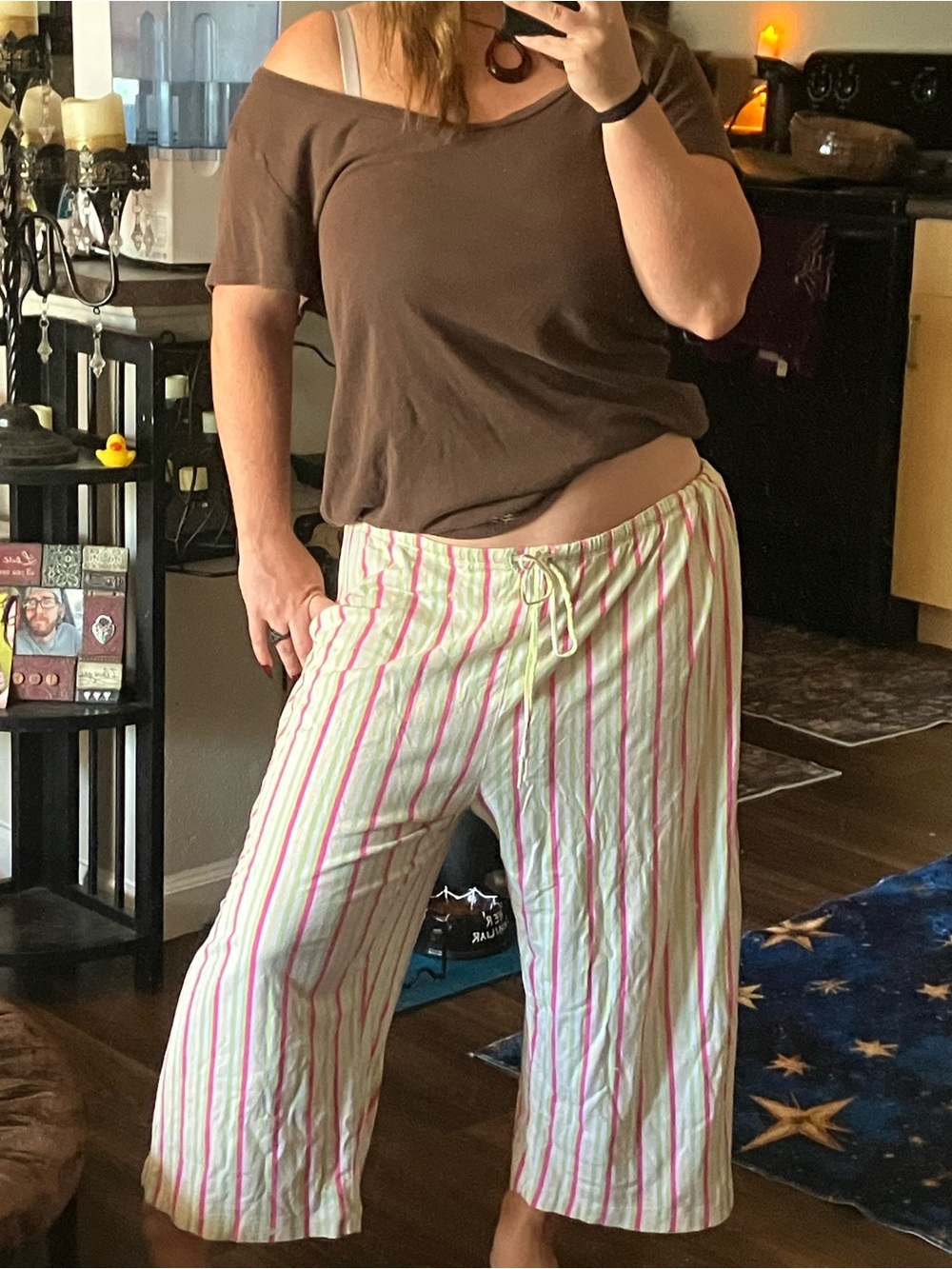 Daisy Striped 100% cotton Lounge Pants in Pink, Lime & Cream